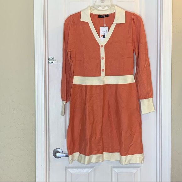 ZESICA Women's Spring Long Sleeve V Neck Sweater Dress Collar Ribbed Size Large - Picture 12 of 13